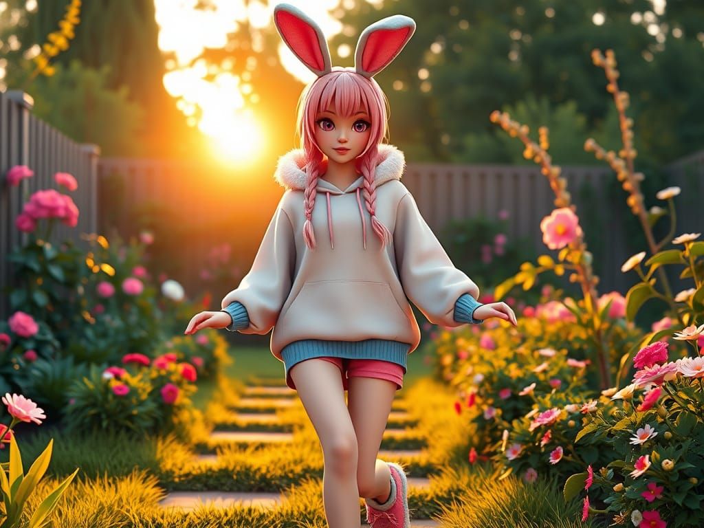 Pink-Haired Woman Dancing in Garden, 3D Game Style