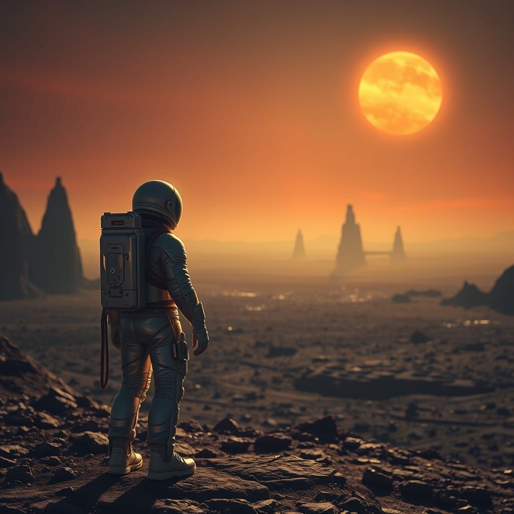 Astronaut Contemplates Distant Horizons on a Mysterious Alie...