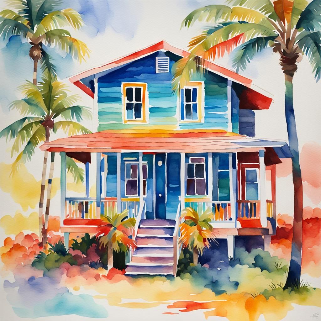 Colorful Beach Cottage Watercolor Painting with Palm Trees
