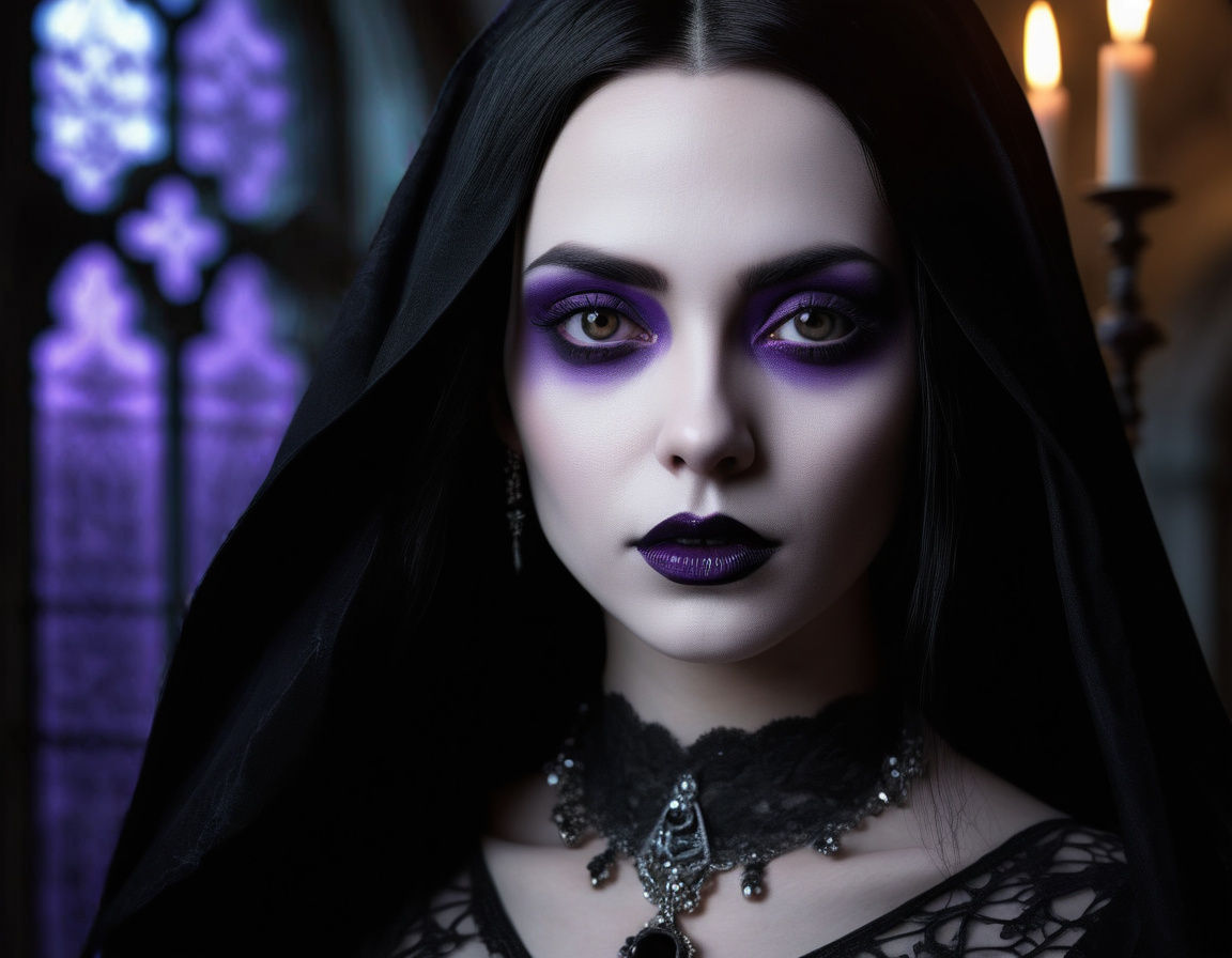 Stunning portrait of beautiful gothic woman with black hair and dark brown eyes with black eyeshadow with black eyeliner...