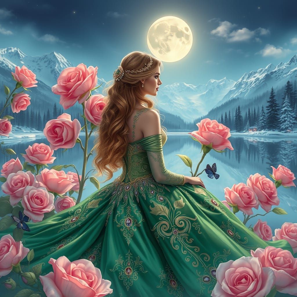 Woman Seated in a Resplendent Gown Among Glowing Roses in a ...