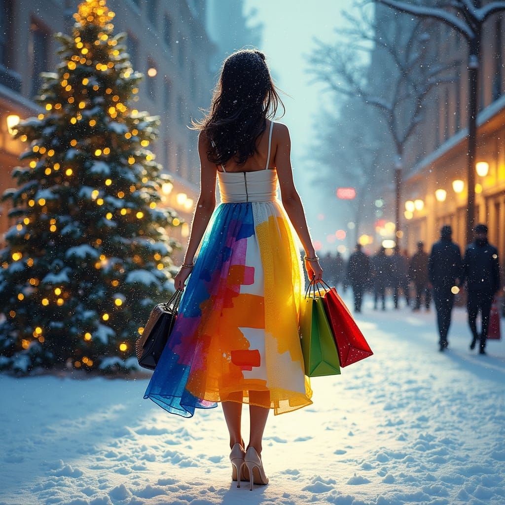 Woman in Colorful Dress on Snowy City Street