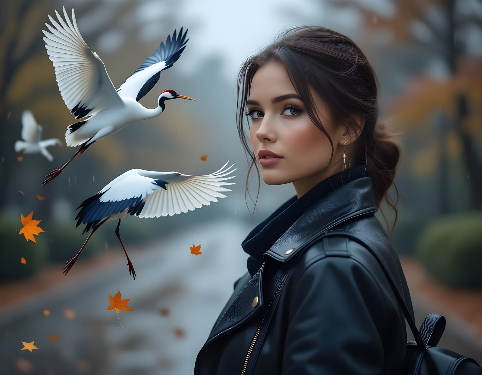 Autumn Woman in Rain with Cranes: Photography