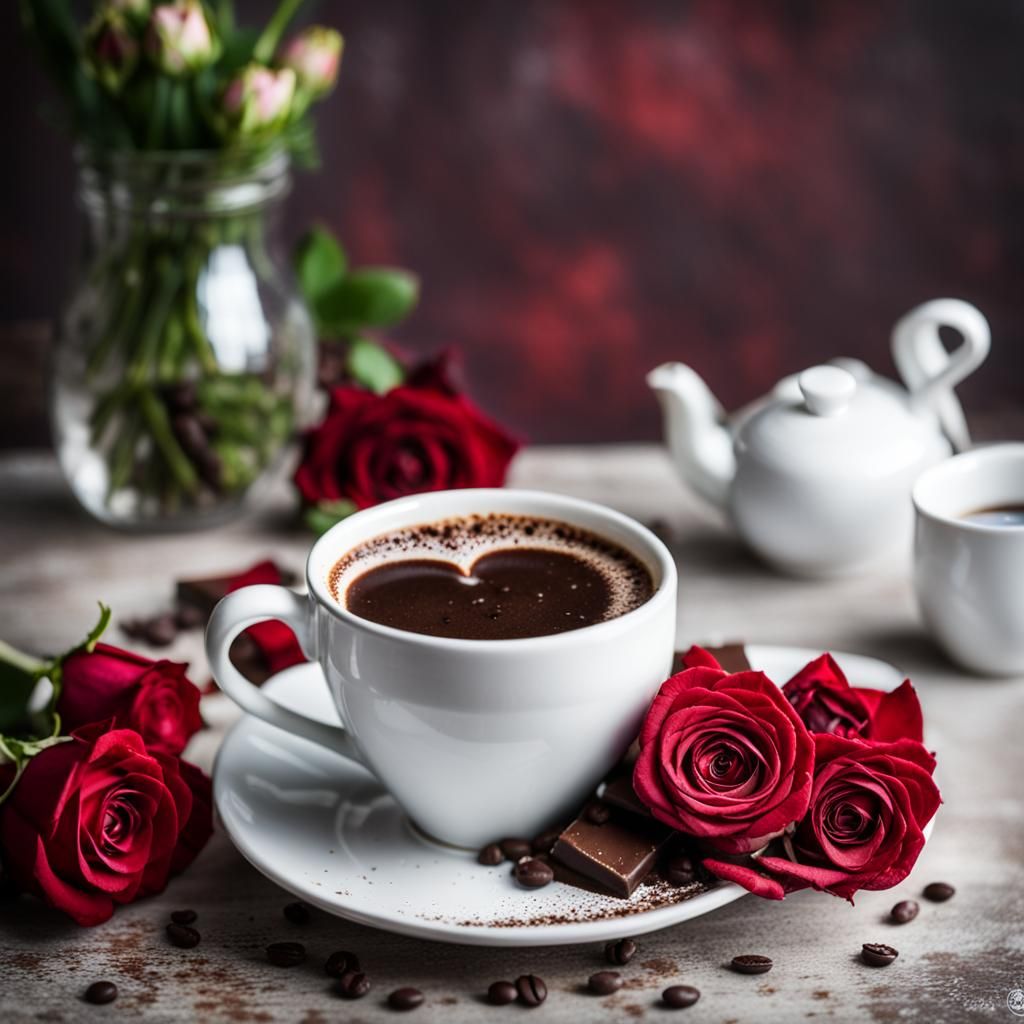 Coffee Cup with Heart and Roses, Professional Photo