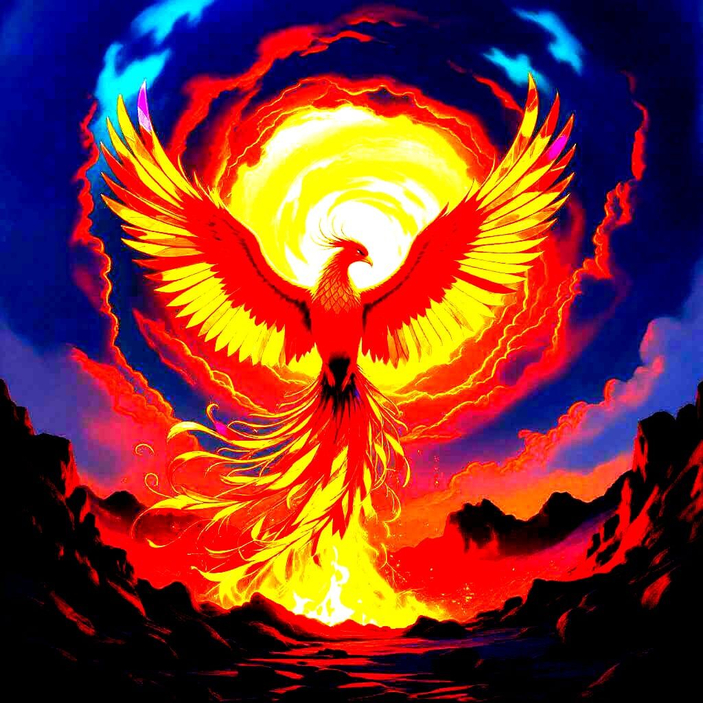 Majestic Stained Glass Phoenix Erupts from Volcano