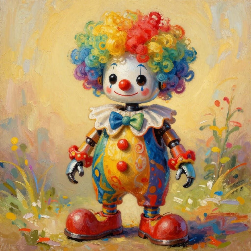 Cute Robot Clown in Gouache Painting Style