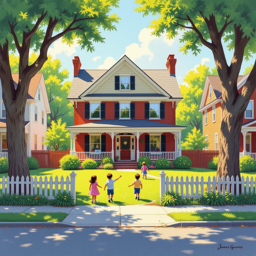 Suburban Family Home in Oil Painting Style