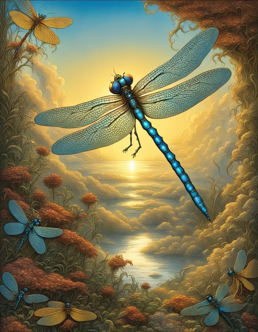 Dragonfly in John Tenniel Style with Sunlight