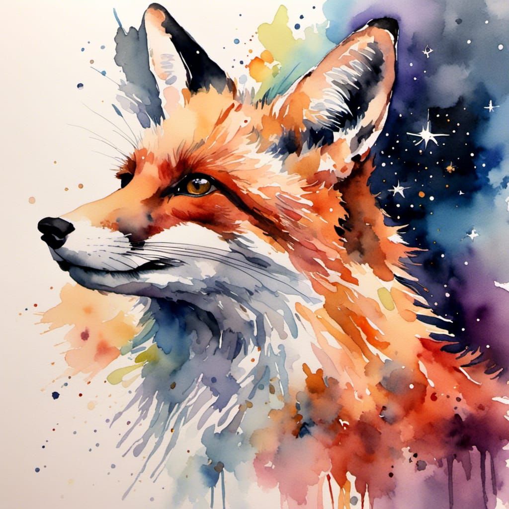 Watercolor Fox Gazing at Stars: Hyperrealistic Art