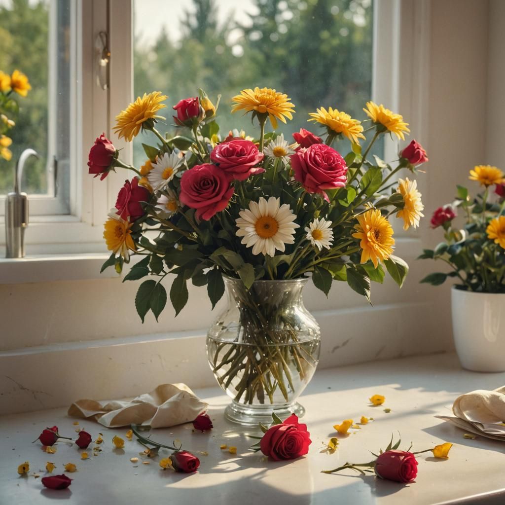 Colorful Roses and Daisies Still Life, Macro Photography