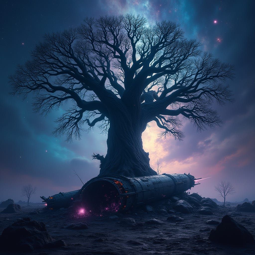 Ancient Tree Silhouette with Crashed Spaceship in Biomechani...