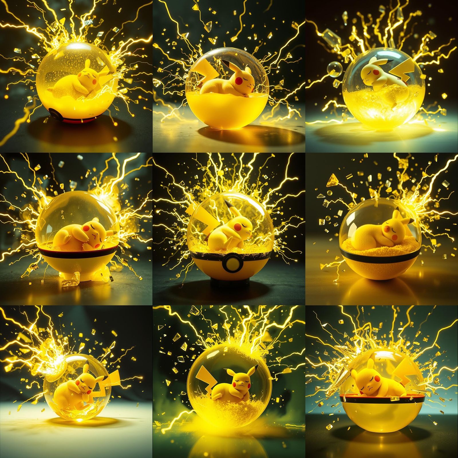 Pikachu Sleeps Amidst Exploding Glass Pokeball