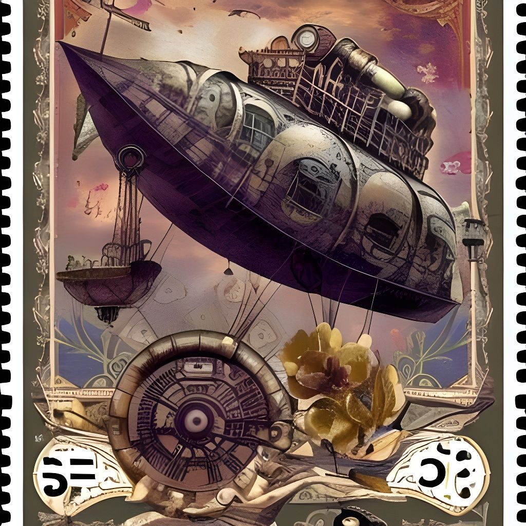 Fantastical Steampunk Airship on Vintage Postage Stamp