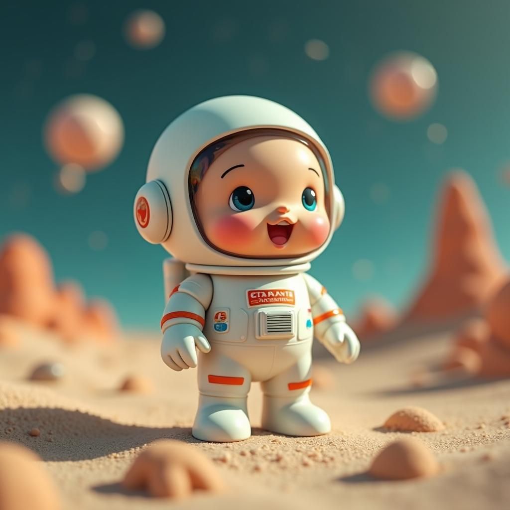 Cute Astronaut Toy in Retro-Futuristic Spacescape