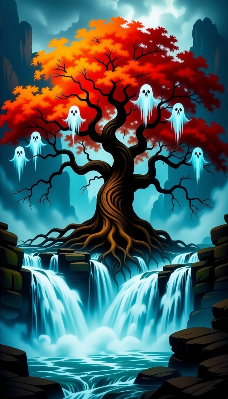 Ancient Gnarled Tree Beside Turbulent Waterfall