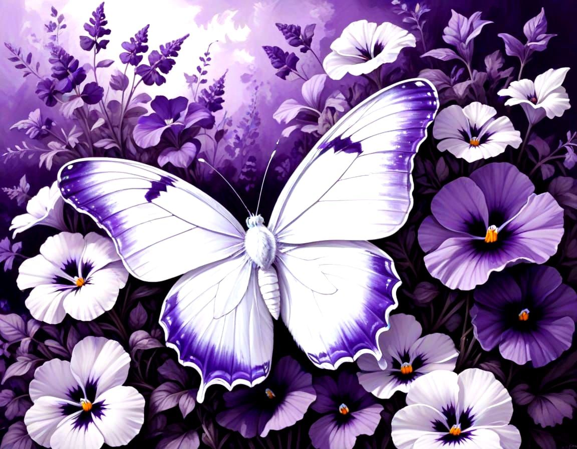 Monochromatic Butterfly on Pansy in Purple and White