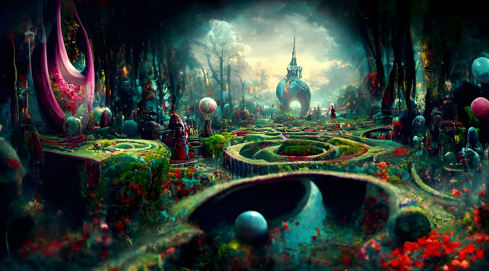 Surreal Wonderland Hedge Maze in Digital Painting Style