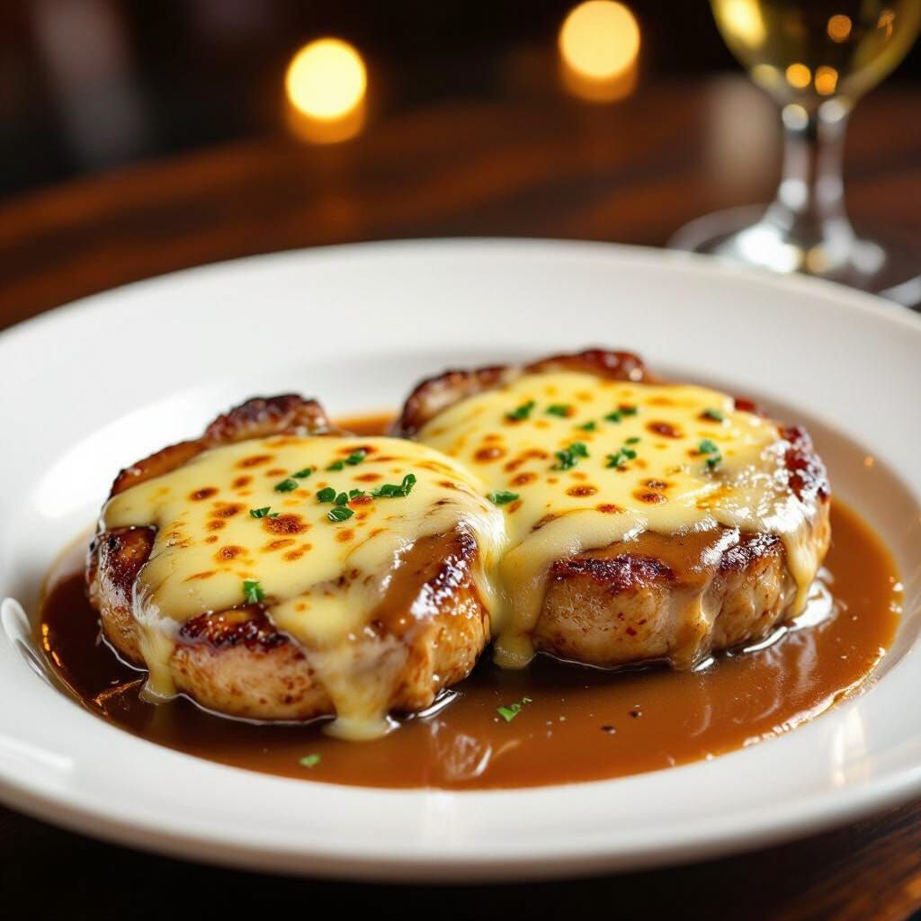 Gourmet Pork Chops with Gravy and Cheese in Upscale Restaura...