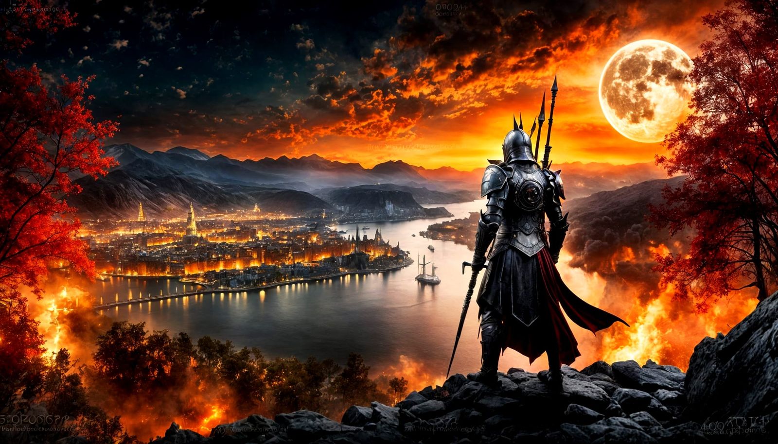 Fantasy Warlord Over Burning Cityscape at Lunar Eclipse