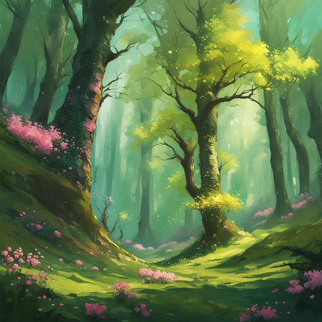 Blooming Spring Forest Landscape in Digital Art