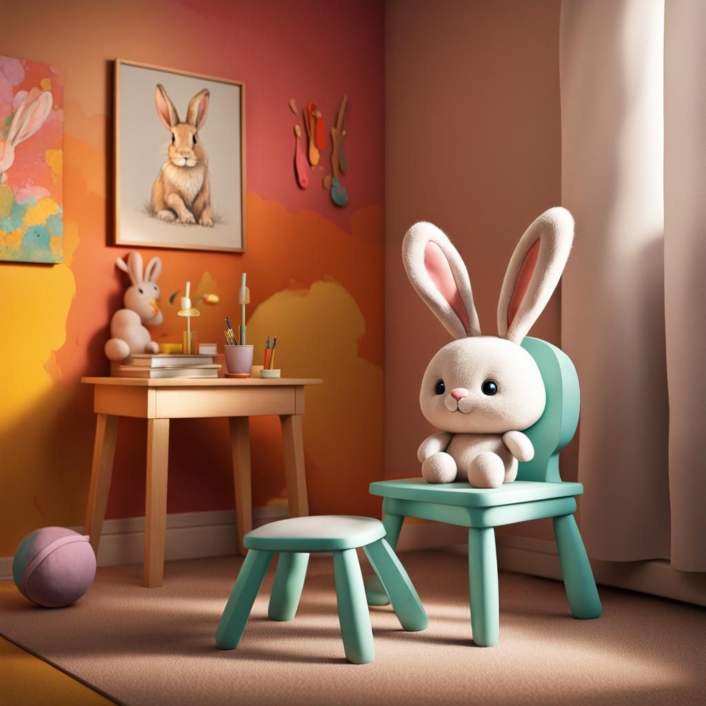 Warm Children's Room with Plush Bunny, Hyperrealistic