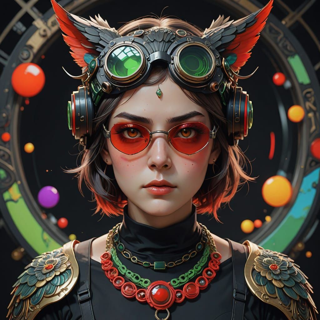 Ethereal Anime Woman in Goggles Amidst Whimsical Chaos