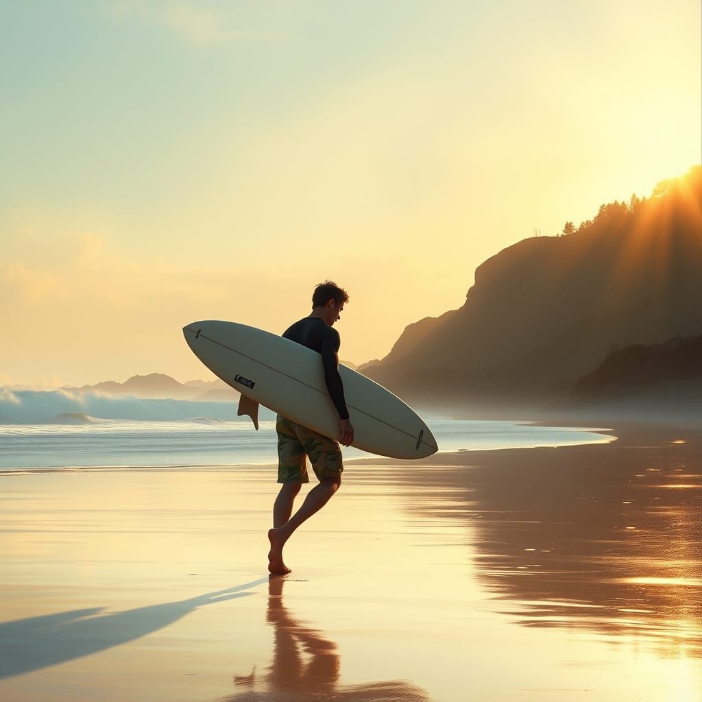 Serene Surfer Walks onto Golden Beach at Sunset