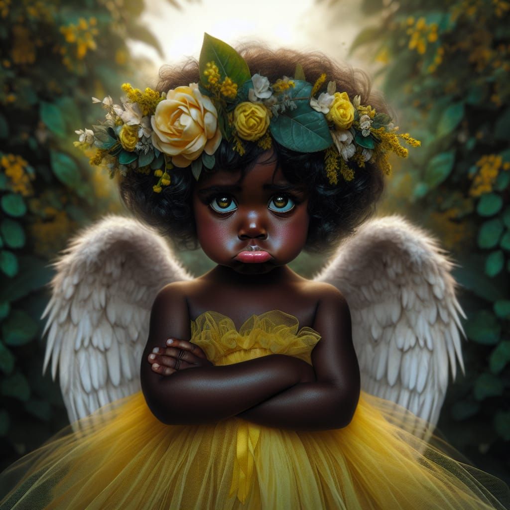 Pouting Child in Yellow Dress with Wings