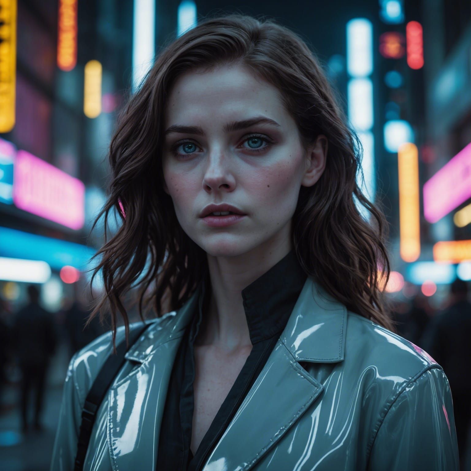 Rachel, a replicant with haunting beauty, stands amidst the dystopian landscape of a future city. Her hair falls in slee...