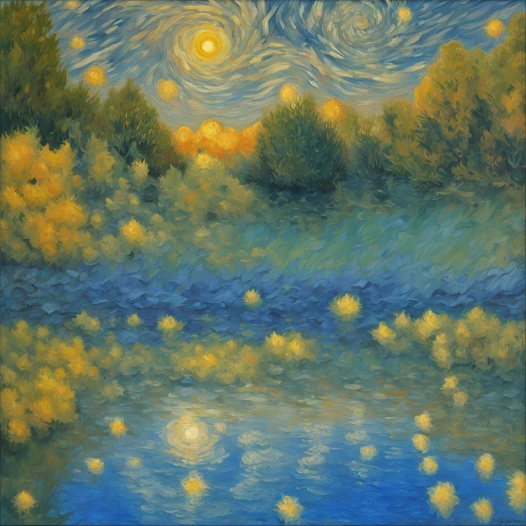 Impressionist Pond at Twilight with Luminous Color Gradients