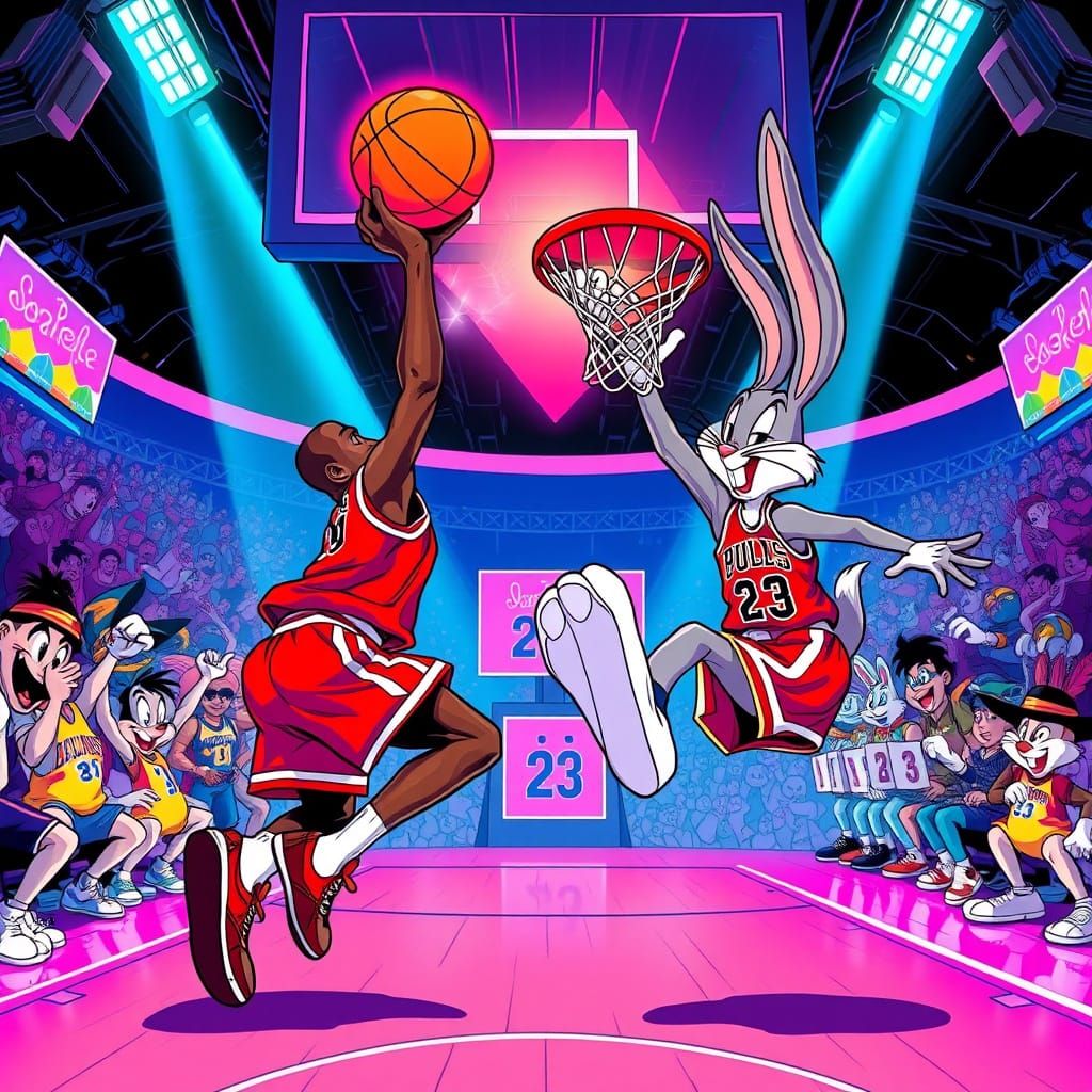Michael Jordan and Bugs Bunny in a Futuristic Basketball Sho...