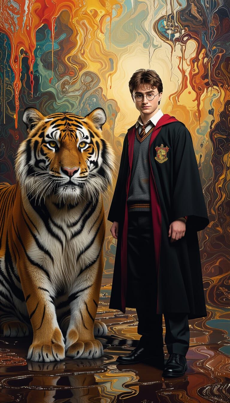 Harry Potter and Tigers in Surreal Oil Painting Style