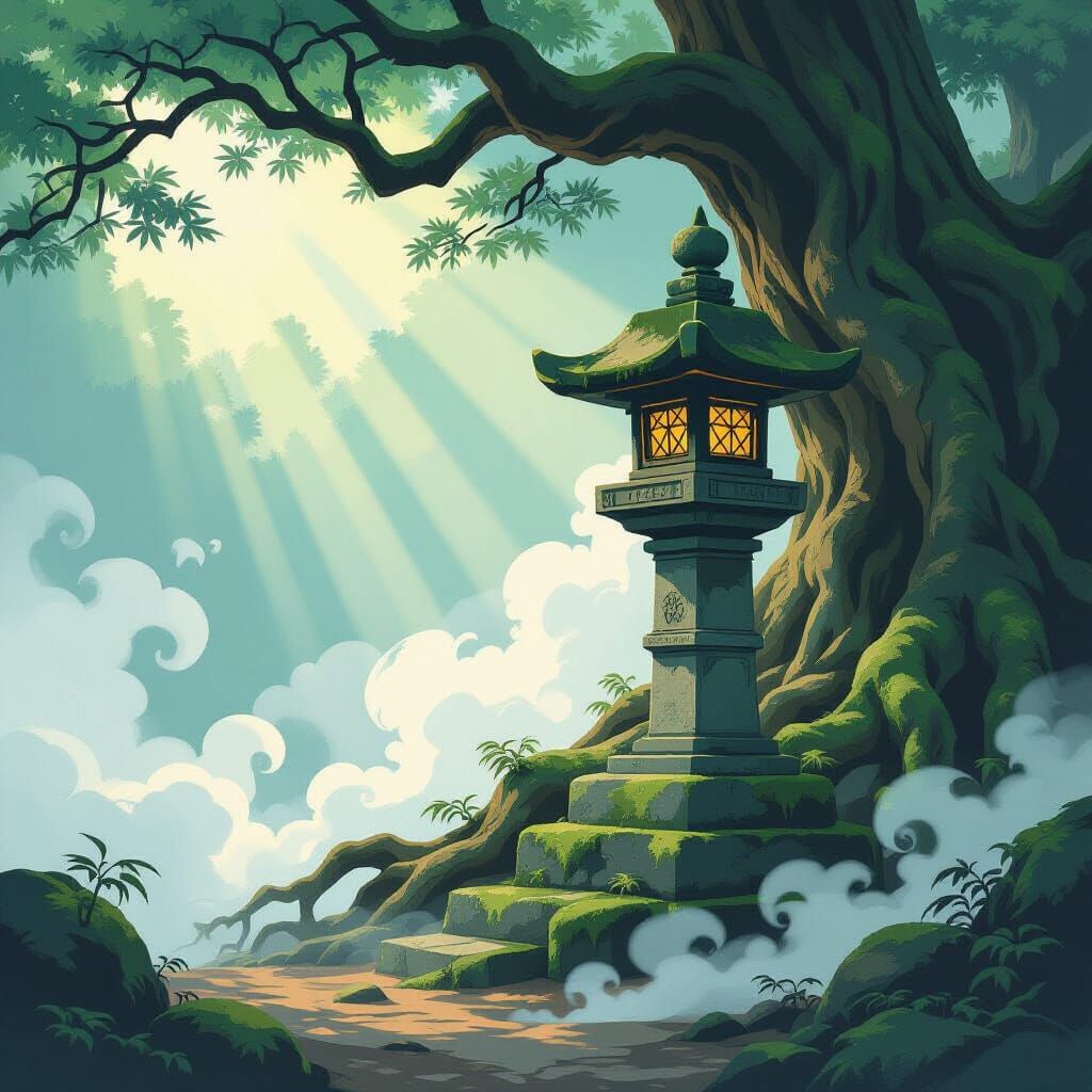 Ancient Stone Lantern in Misty Forest, Ukiyo-e Concept Art S...
