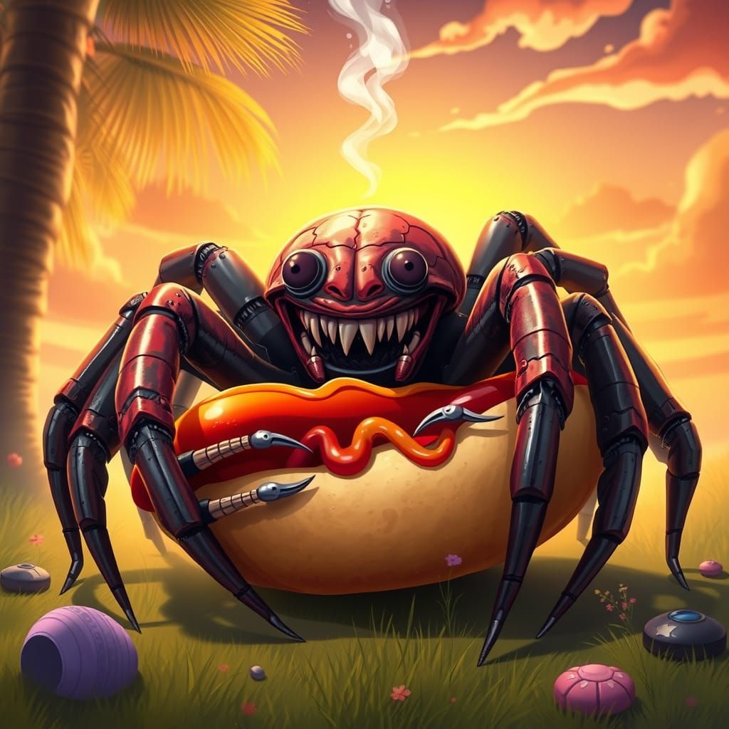 Gigantic Spider Embraces Hot Dog in Whimsical Futuristic Sce...