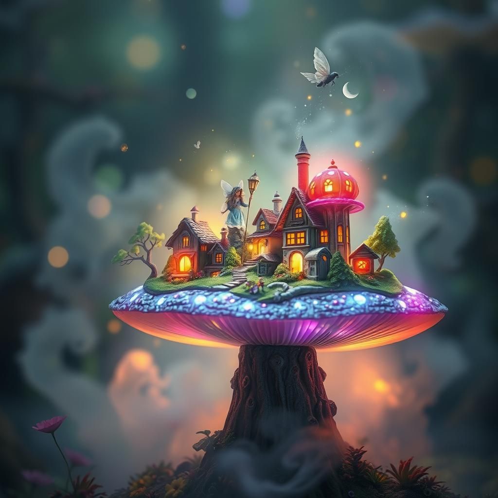 Ethereal Fairy Village on Luminescent Mushroom