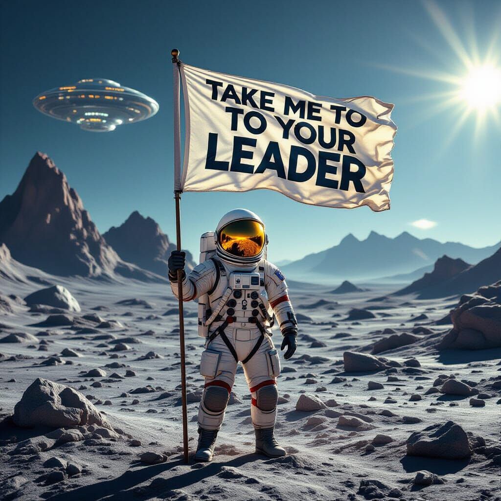 Astronaut Plants "Take Me To Your Leader" Flag on Alien Plan...