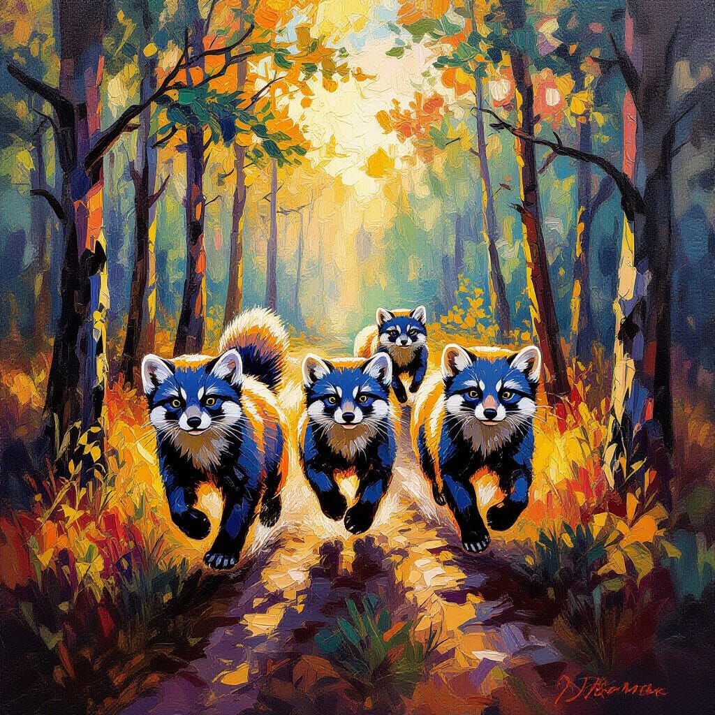 Three Pine Martens Running in Forest, Neo-Impressionist Styl...