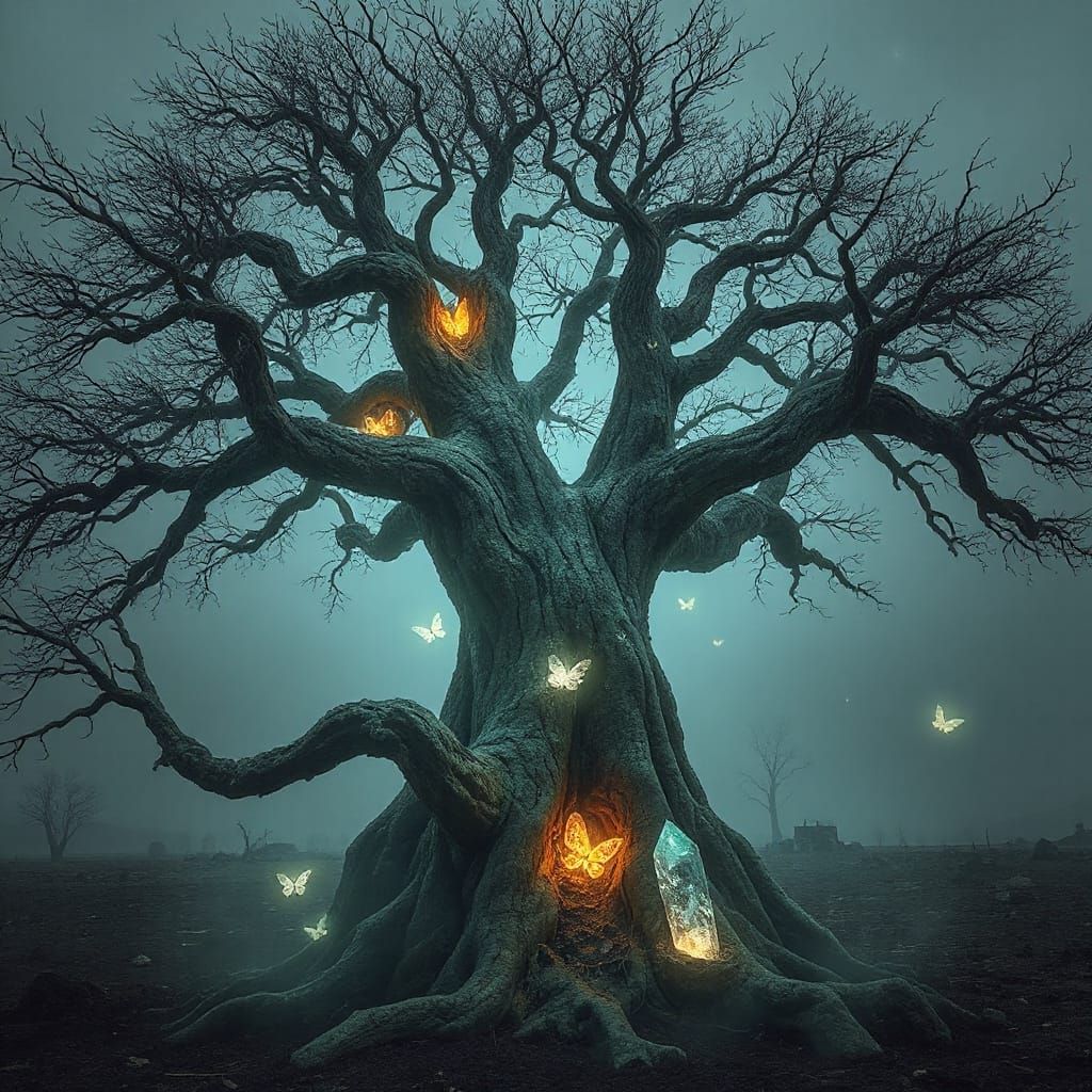 Ancient Tree With Crystal Roots in Misty Wasteland