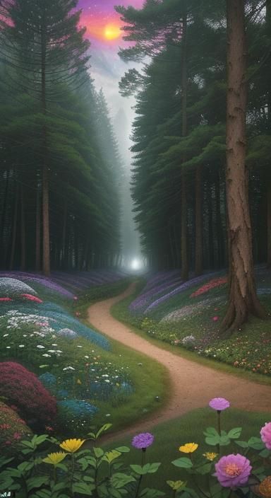 Sunset Woman in Enchanted Forest, Art Nouveau Style