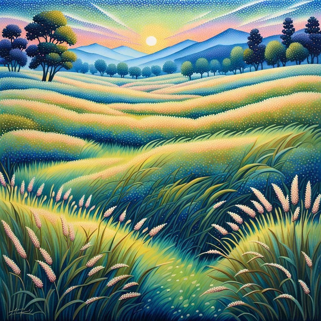 Dreamlike Meadow at Dusk: A Pointillism Masterpiece
