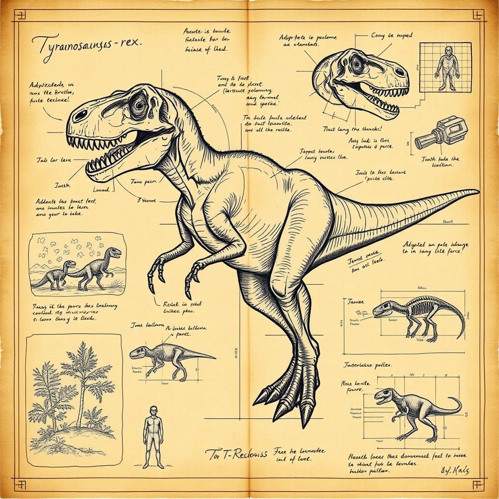 Tyrannosaurus Rex Blueprint in Renaissance Art Style