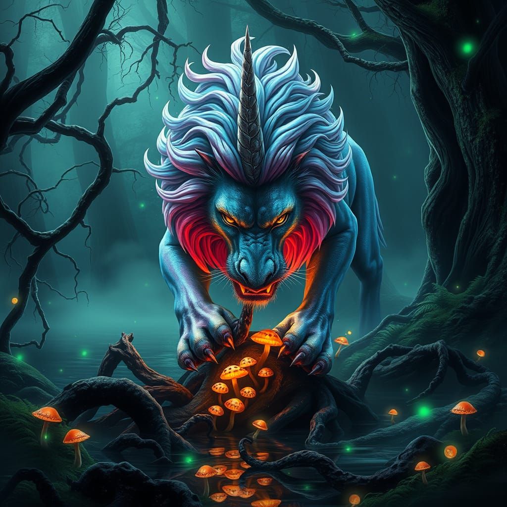 Dark Fantasy Unicorn Lion Hybrid Devours Prey in Enchanted F...