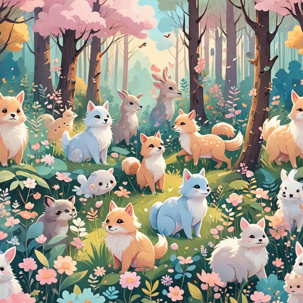 Cute Cartoon Animals Playing in Sunny Forest