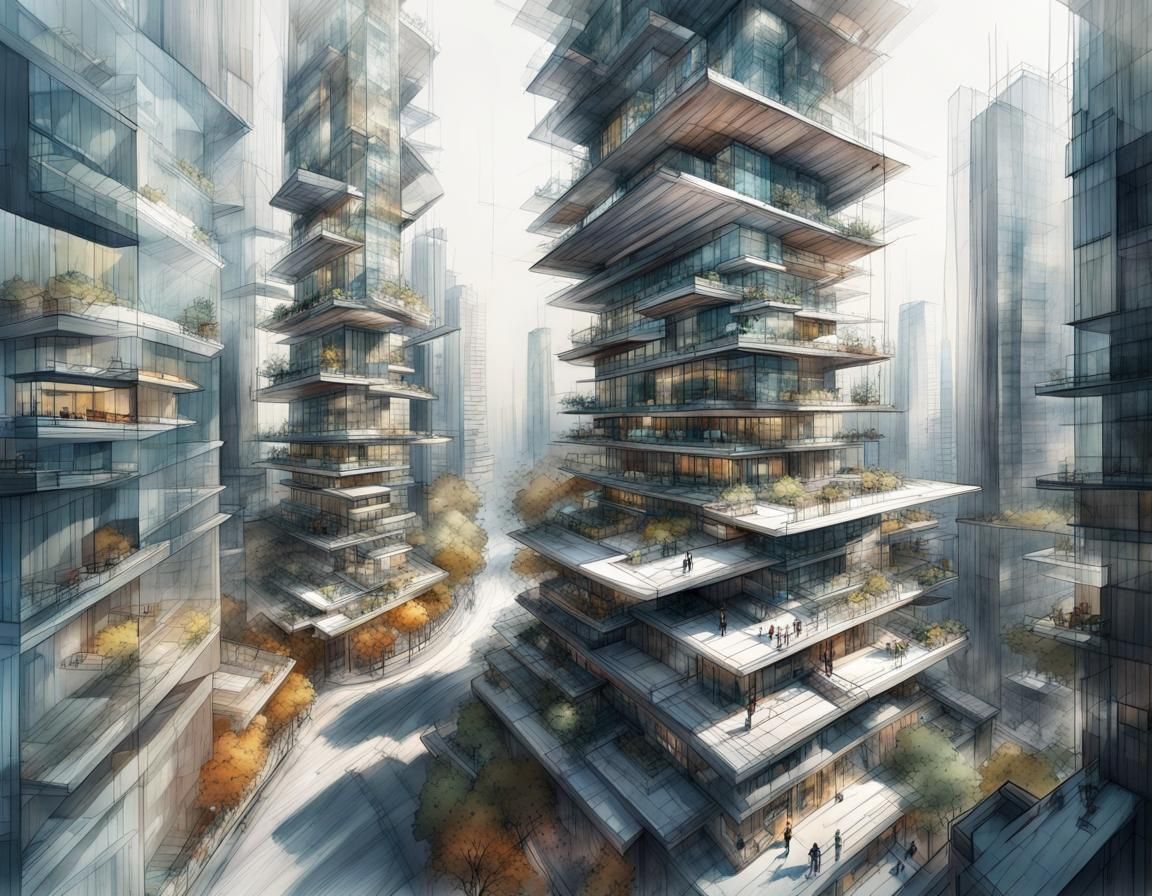 Futuristic Vertical City in Charcoal Drawing Style