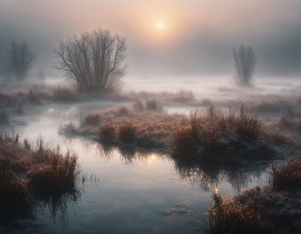 Misty Pond in Snow-Covered Meadow at Sunrise