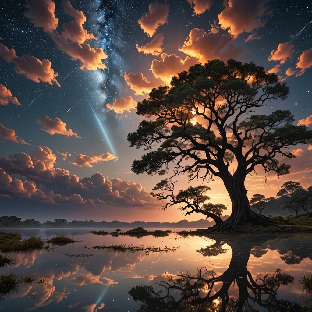 Holm oak at sunset on the lake