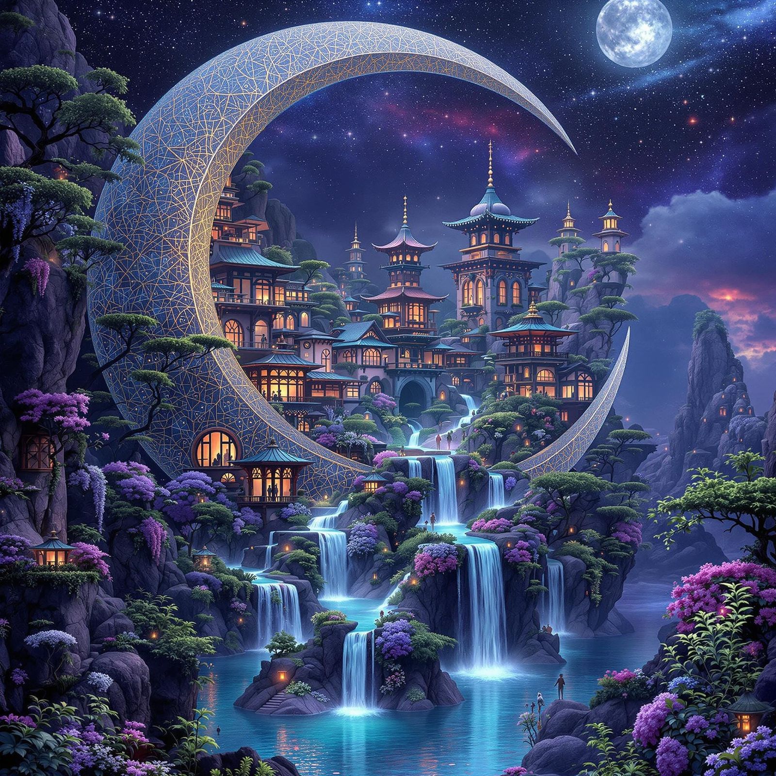 Fantasycore Villa in Silver Moon: Surreal Digital Art