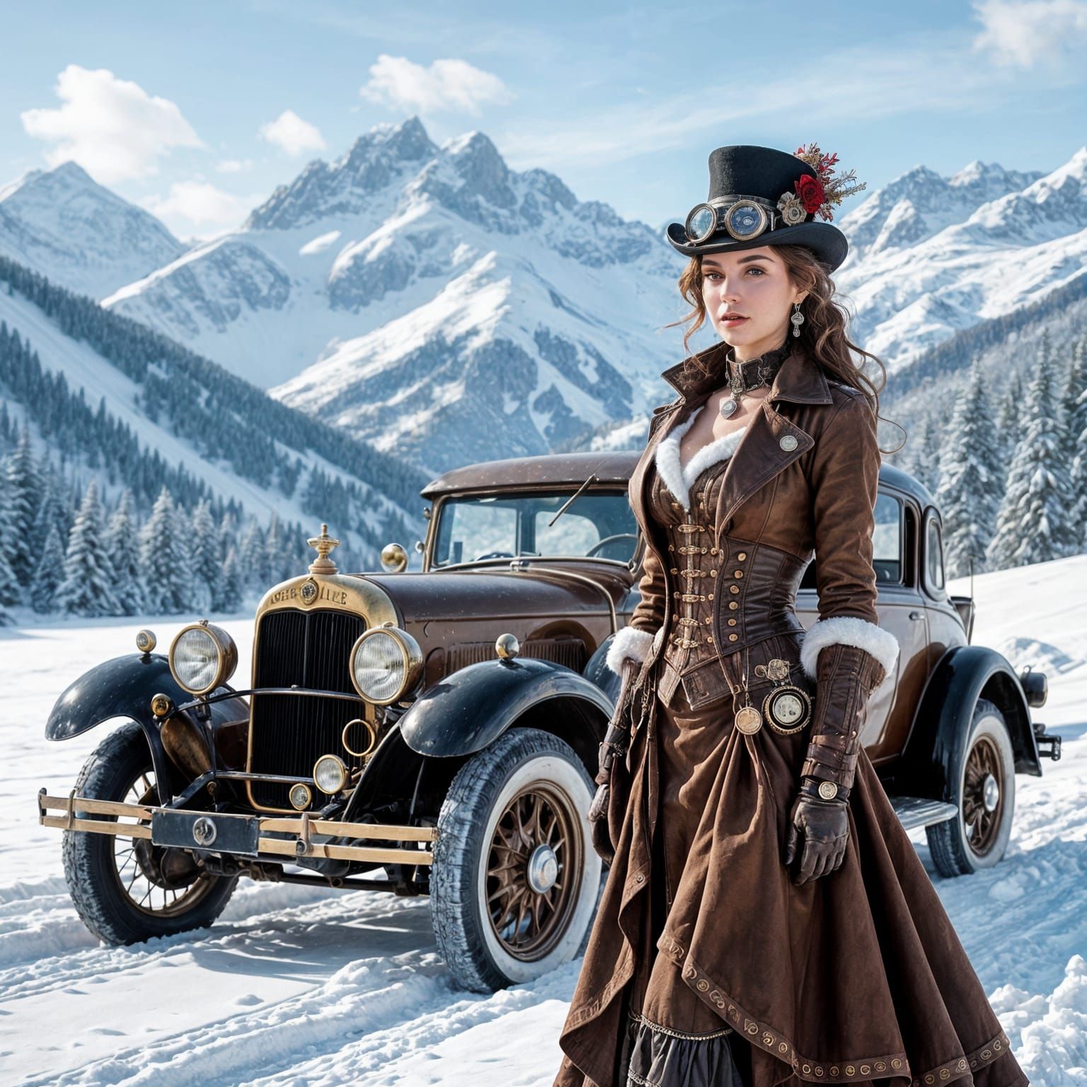Steampunk Beauty in Snowy Mountains