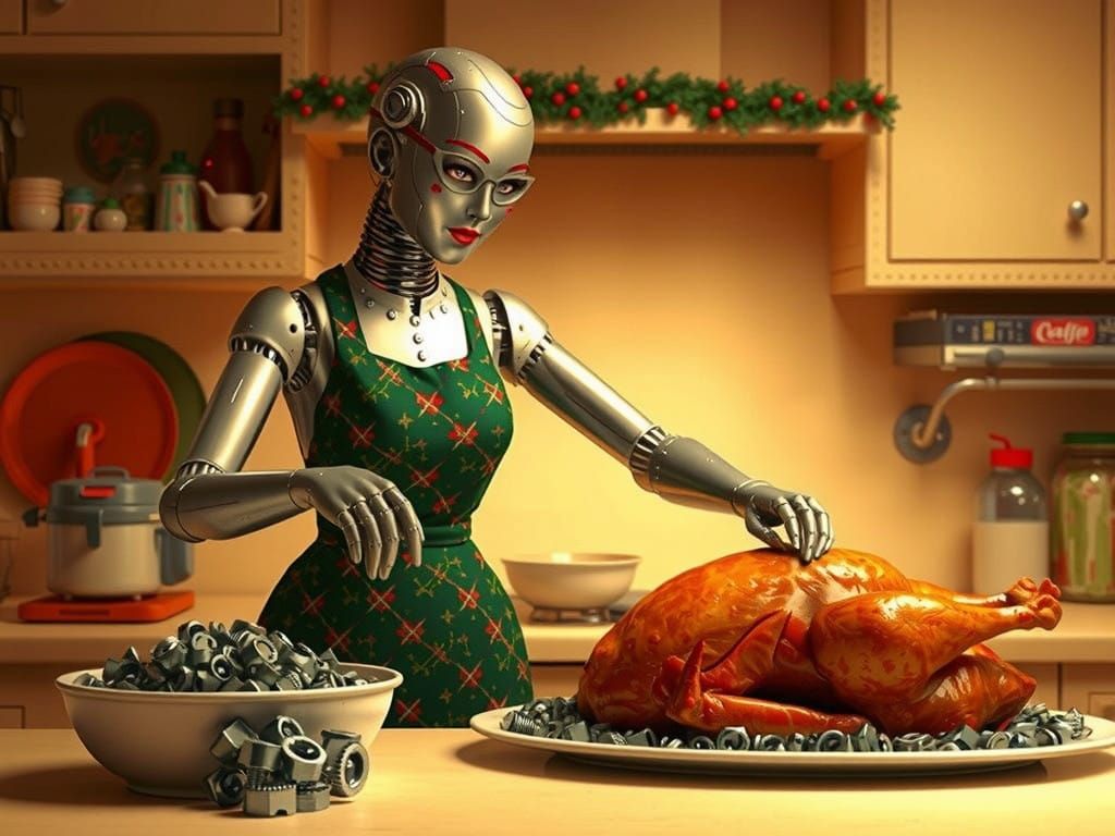 Retro-Futuristic Fembot Prepares Classic Christmas Turkey in...