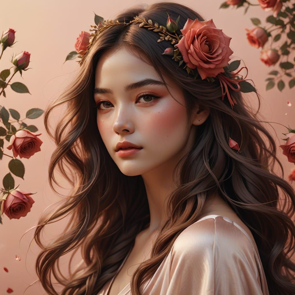 Serene Woman in Romantic Realism Style with Elegant Red Rose...